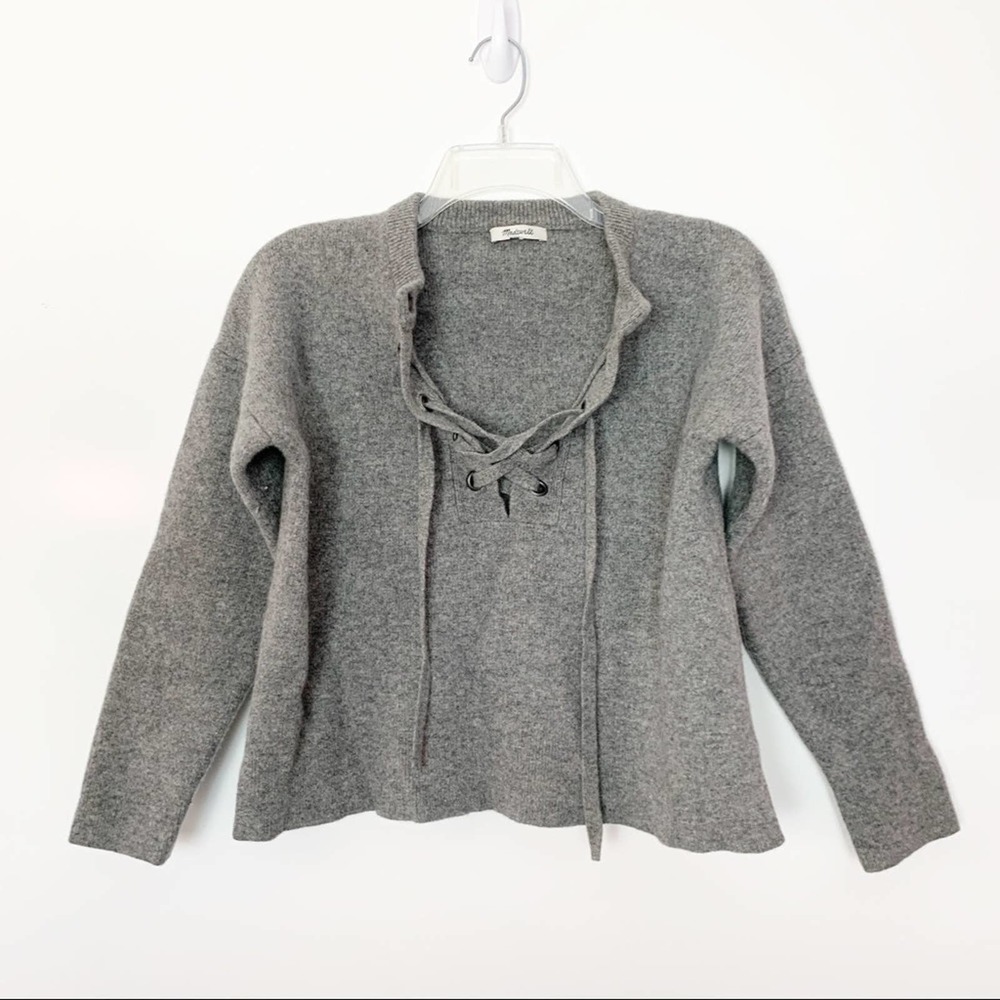 Madewell Grey Soft Knit Lace Up Criss Cross Neck Sweater